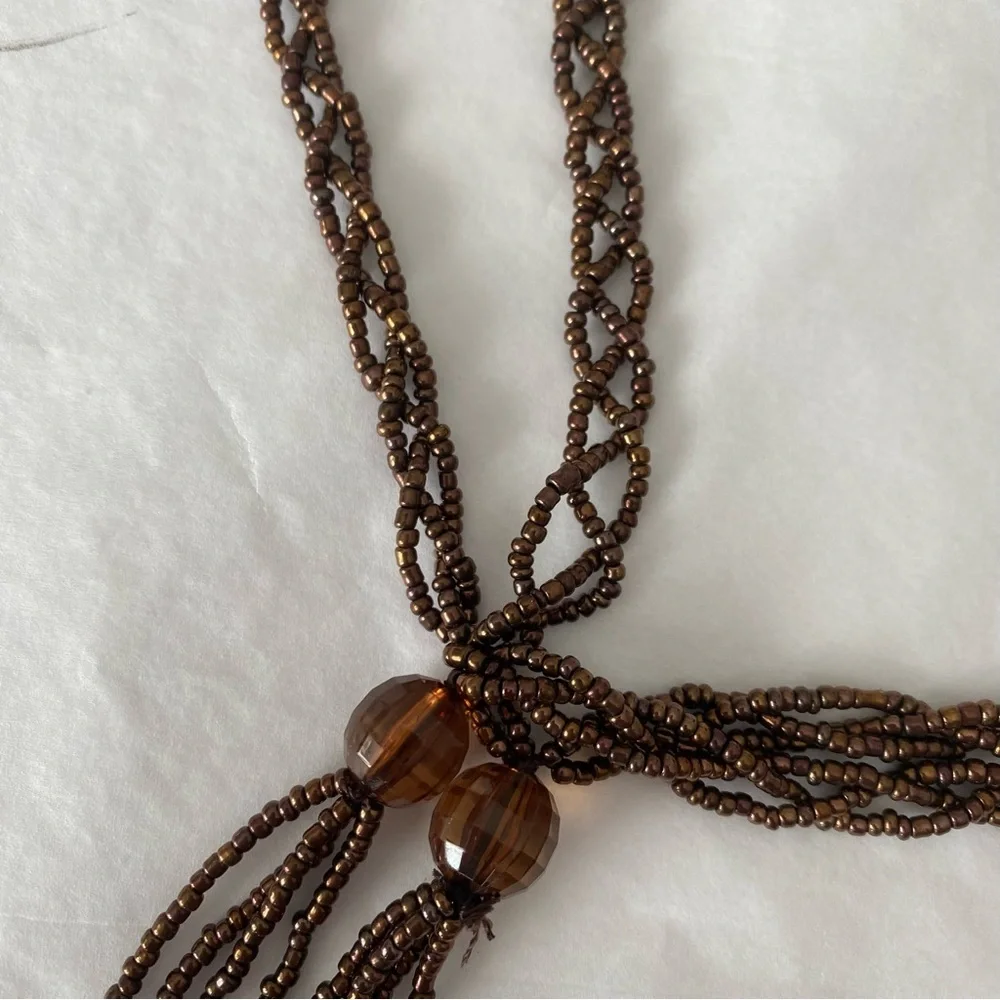 Braided Brown Beaded Belt with Beaded Tassels Fringe boho festival hippie